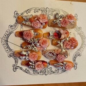 Floral Rose Press On Nails Set Elegant 3D Art Fake‎ Nails Manicure